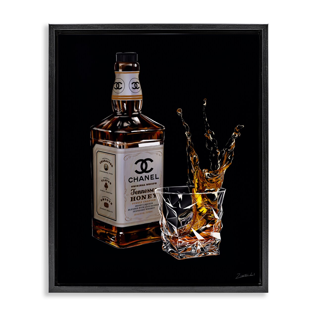 Stupell Industries Splashing Liqueur Glam Whiskey Bottle Framed Floater Canvas Wall Art